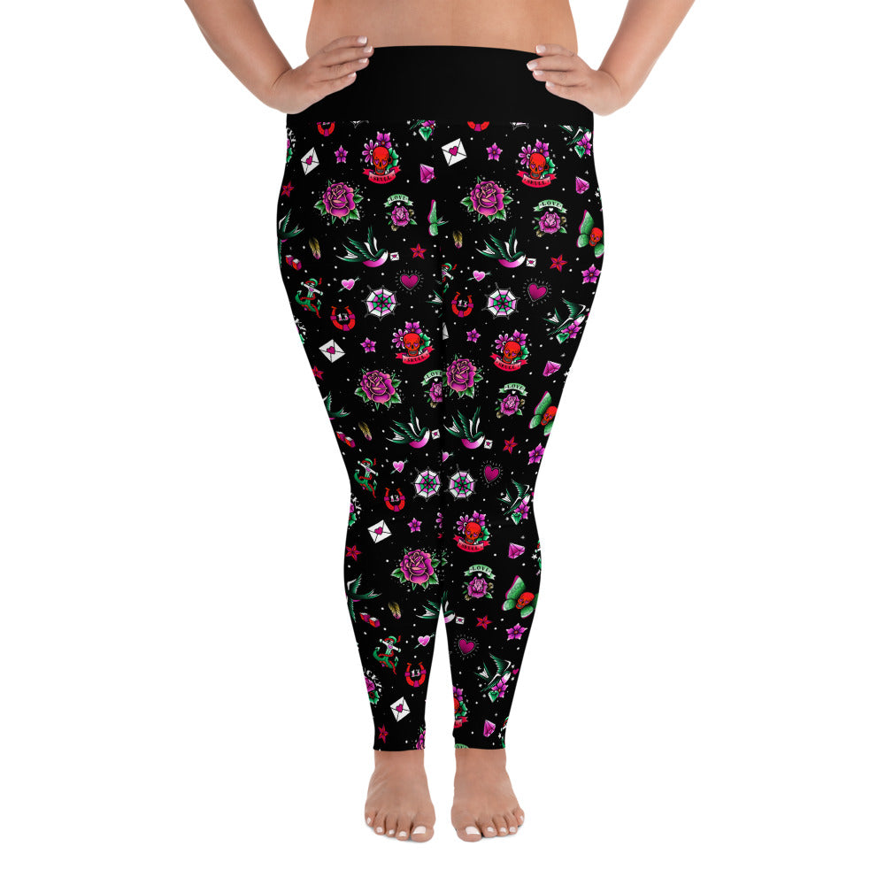 Schwarze Retro-Tattoo-Damen-Leggings mit Allover-Print in Übergröße