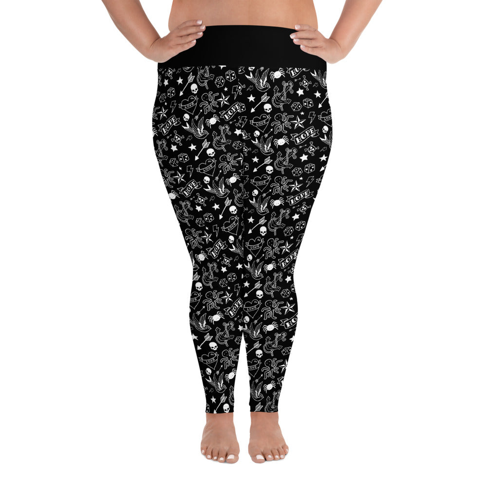 Black & White Tattoo Print All-Over Ladies Plus Size Leggings