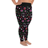 Schwarze Retro-Tattoo-Damen-Leggings mit Allover-Print in Übergröße