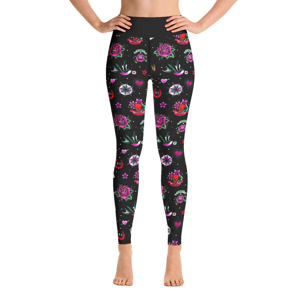Schwarze Retro-Tattoo-lange Damen-Yoga-Leggings