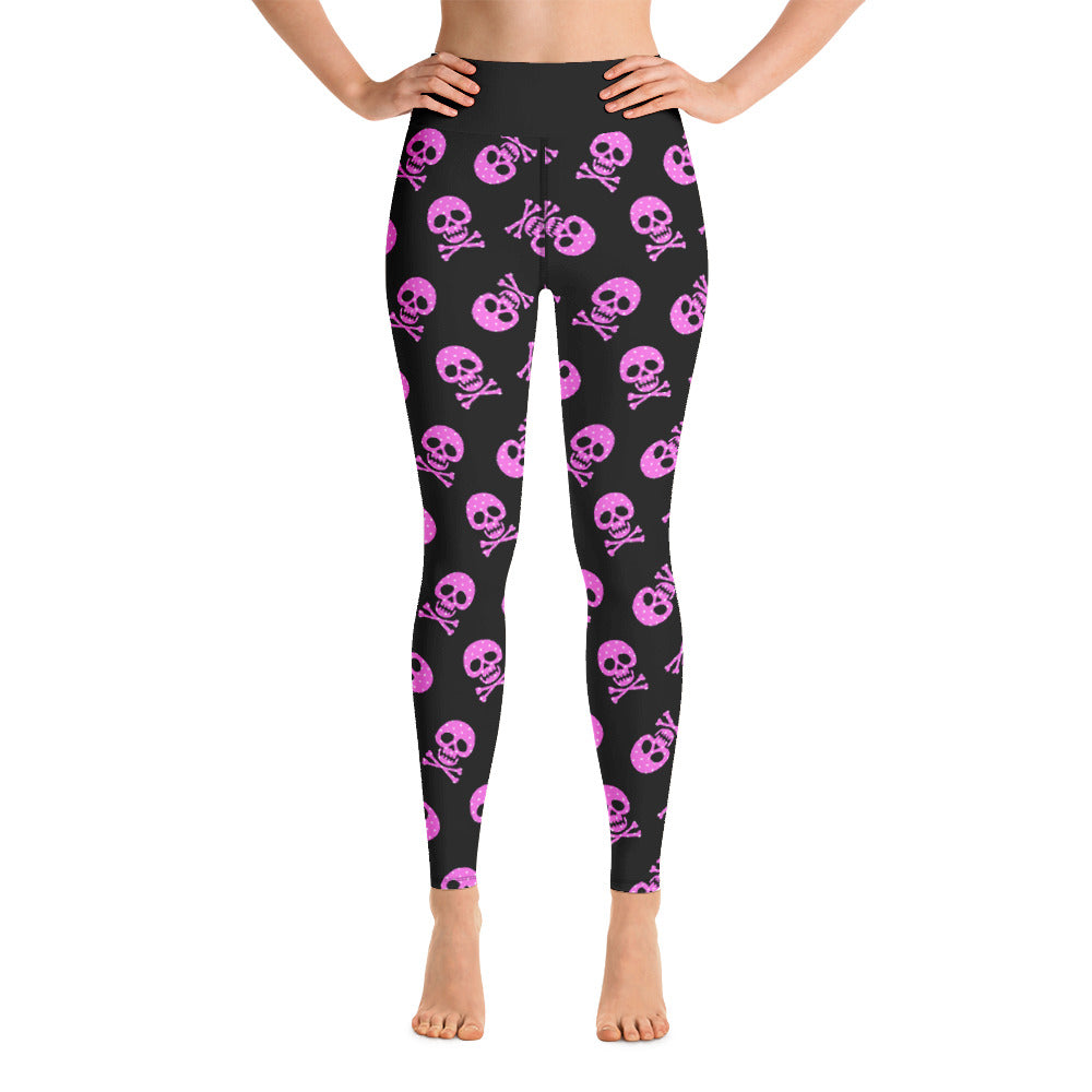 Pink-schwarz gepunktete Totenkopf-Yoga-Leggings
