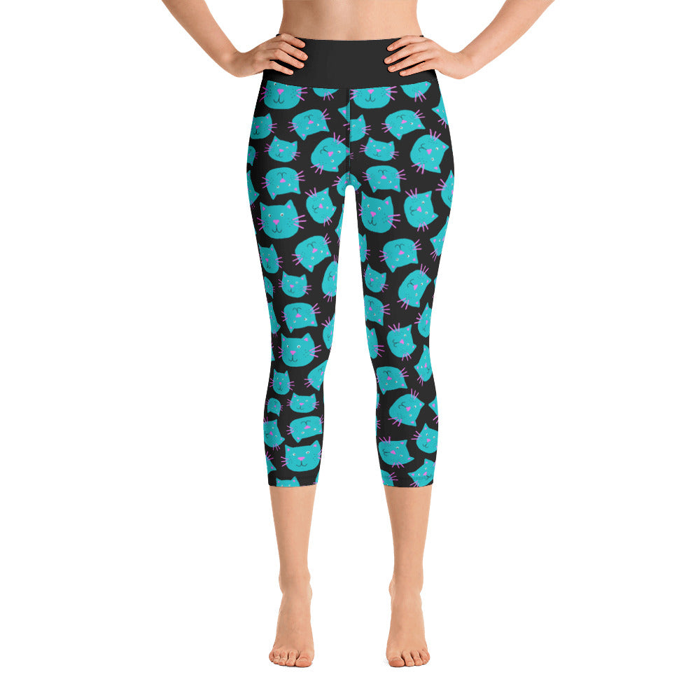 Türkisfarbene Katzengesicht-Yoga-Capri-Damen-Leggings