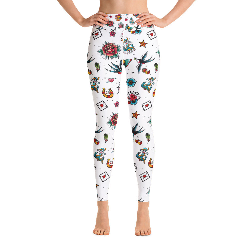 Retro-Tattoo-Druck, Allover-Print, Yoga-Damen-Leggings in voller Länge