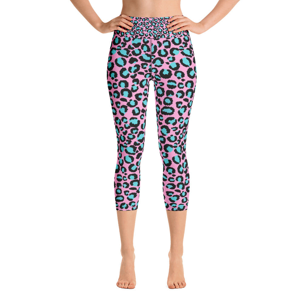 Pink & Blue Leopard Print Ladies Yoga Capri Leggings