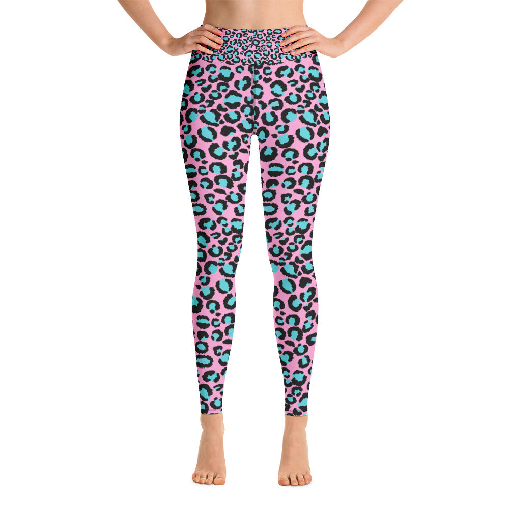 Damen-Yoga-Leggings mit Leopardenmuster in Rosa und Türkis