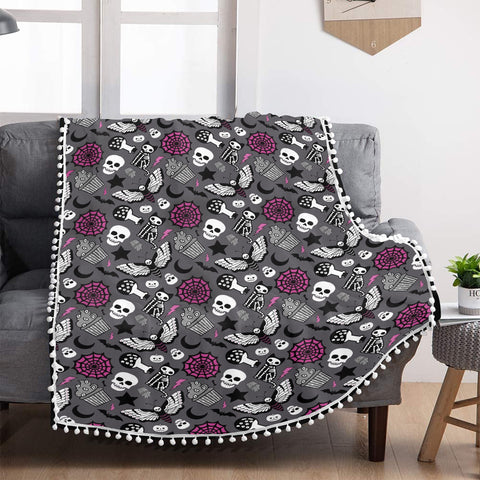 Spooky Pink & Grey Halloween Blanket with Pom Pom Edge Detail Different Sizes