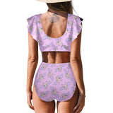 Niedlicher zweiteiliger Rüschen-Bikini mit Kawaii-Pastellfledermaus-Print