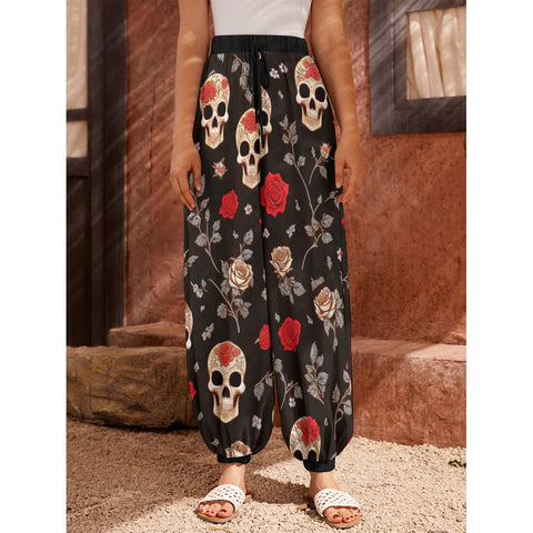 Skull and Roses Alternative Casual Unisex Harem Pants Trousers