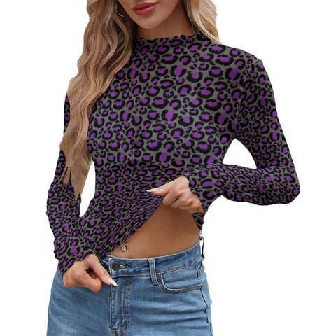 Purple Leopard Print Mesh Top Long Sleeved