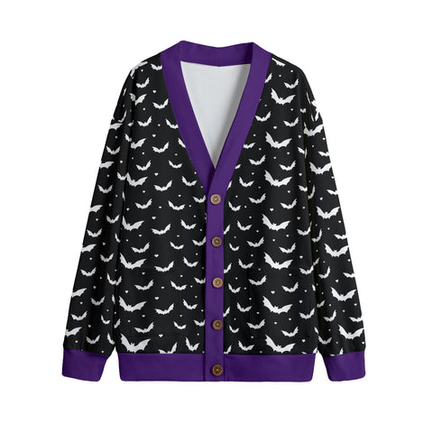 Bat Print Cardigan with purple cuffs and trim with 5 buttons