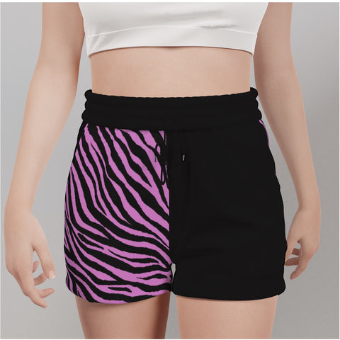 black shorts with pink zebra print on right hand side only, front on angle