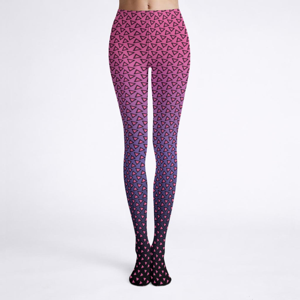 Purple tights with pink triangle pattern on a white background