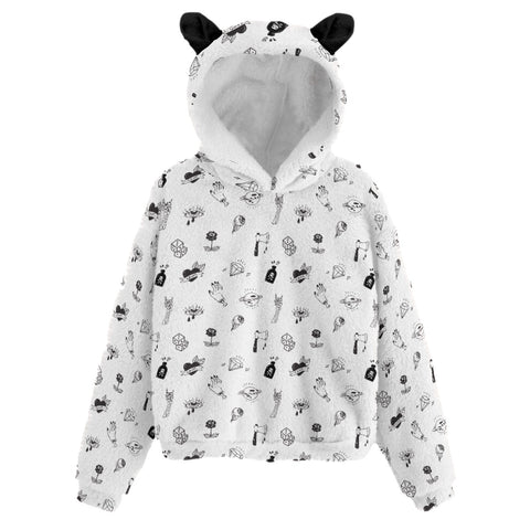 Kids Fluffy White Doodle Tattoo Print Hoodie with Ears