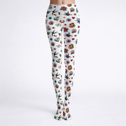 Retro Tattoo Colourful Print Tights