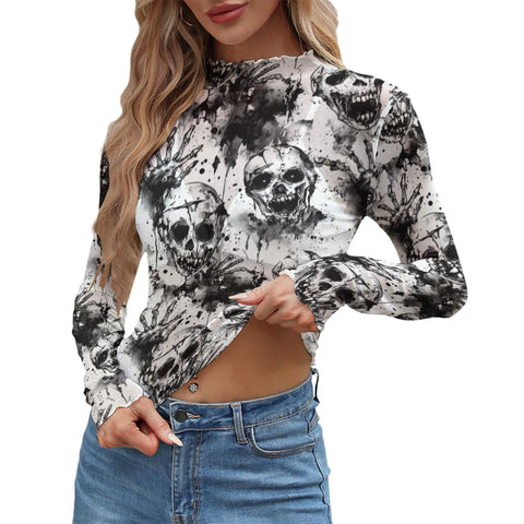 Screaming Skulls Night Print Mesh Top Long Sleeved