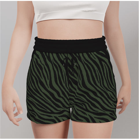 Black shorts with dark green zebra print front on angle