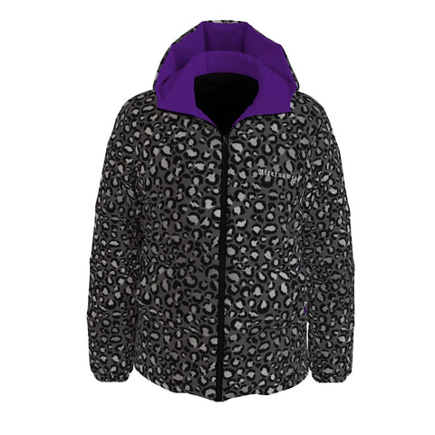 Grey Leopard Print with Purple Lined Hood Goth Winter Padded Down Coat Unisex XS to 6XL