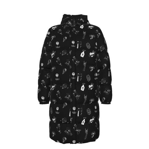 Black & White Doodle Tattoo Goth Winter Padded Down Coat Waterproof Unisex XS to 4XL