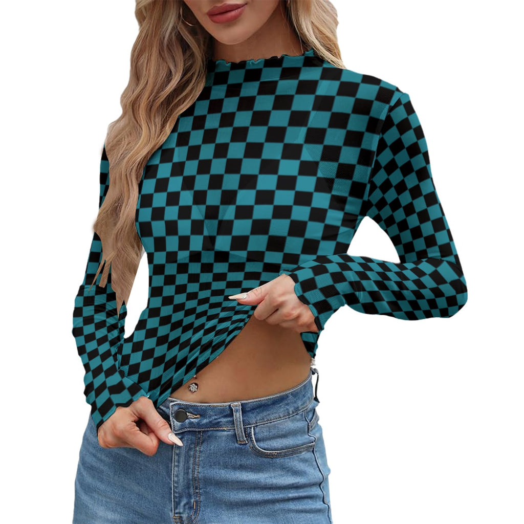 Black and Teal Checkered Mesh Top Long Sleeved