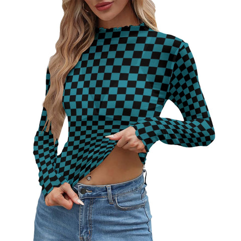 Black and Teal Checkered Mesh Top Long Sleeved