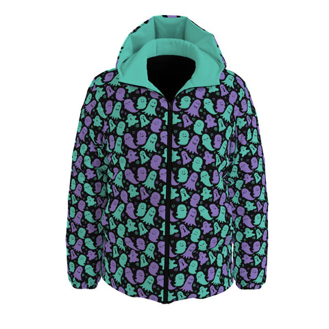 Green & Purple Cute Ghost Print Goth Winter Padded Down Coat Unisex XS to 6XL Plus Size