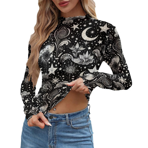 Constellation Starry Night Print Mesh Top Long Sleeved