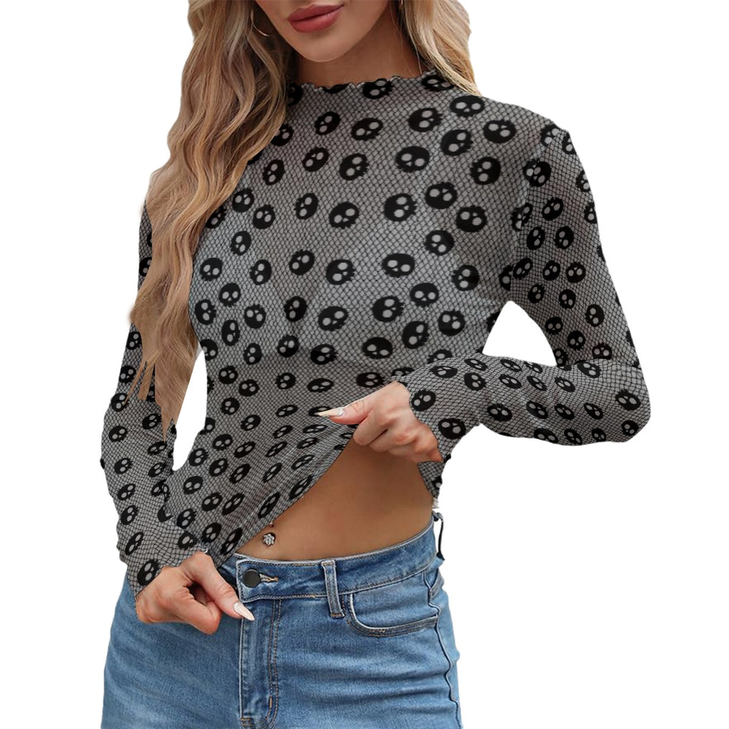 Skull Fishnet Print Mesh Top Long Sleeved