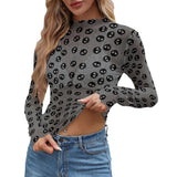 Skull Fishnet Print Mesh Top Long Sleeved