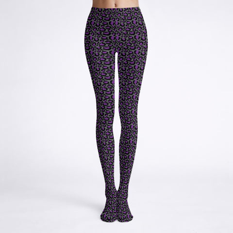 Black tights with purple leopard print pattern on a white background