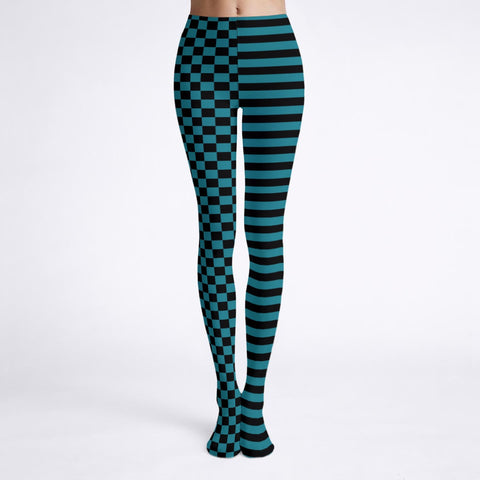 Black and Teal Mismatch Checkered and Striped Print Tights