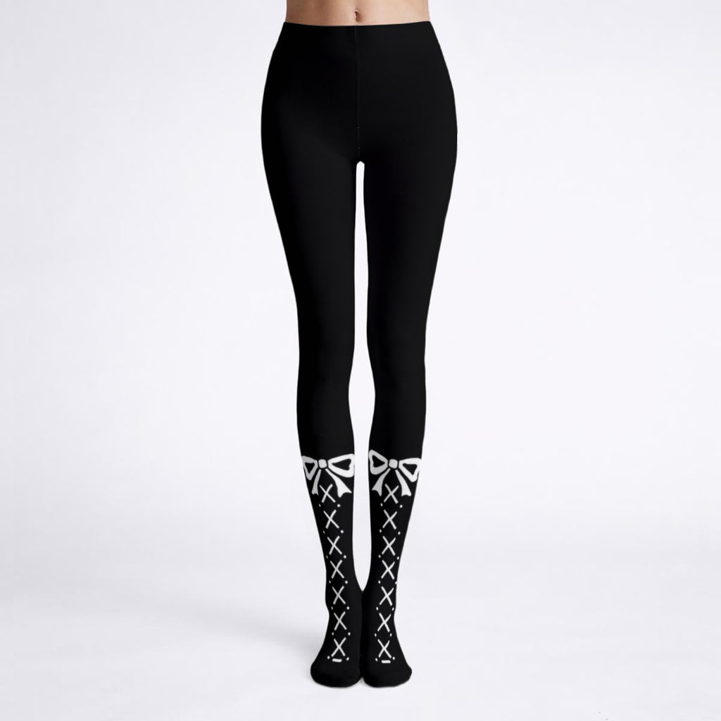 Black Cute Lace Up Print Statement Tights