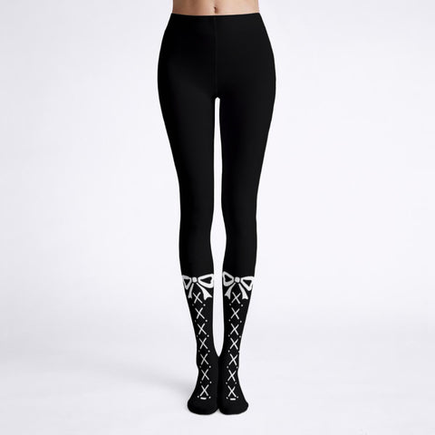 Black Cute Lace Up Print Statement Tights