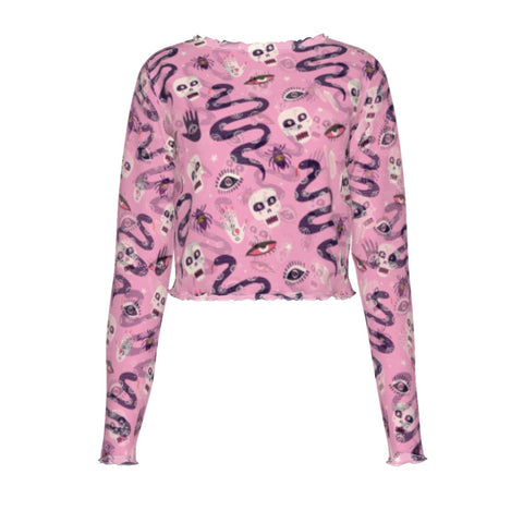 Pink Snake and Skull Crop Mesh Top Long Sleeved