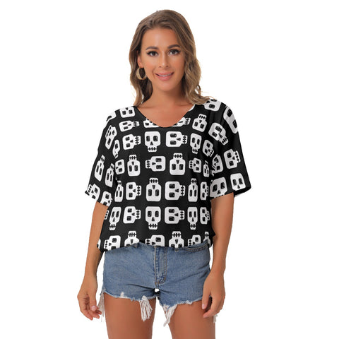 Zwart-wit Batwing T-shirt met blokschedel 