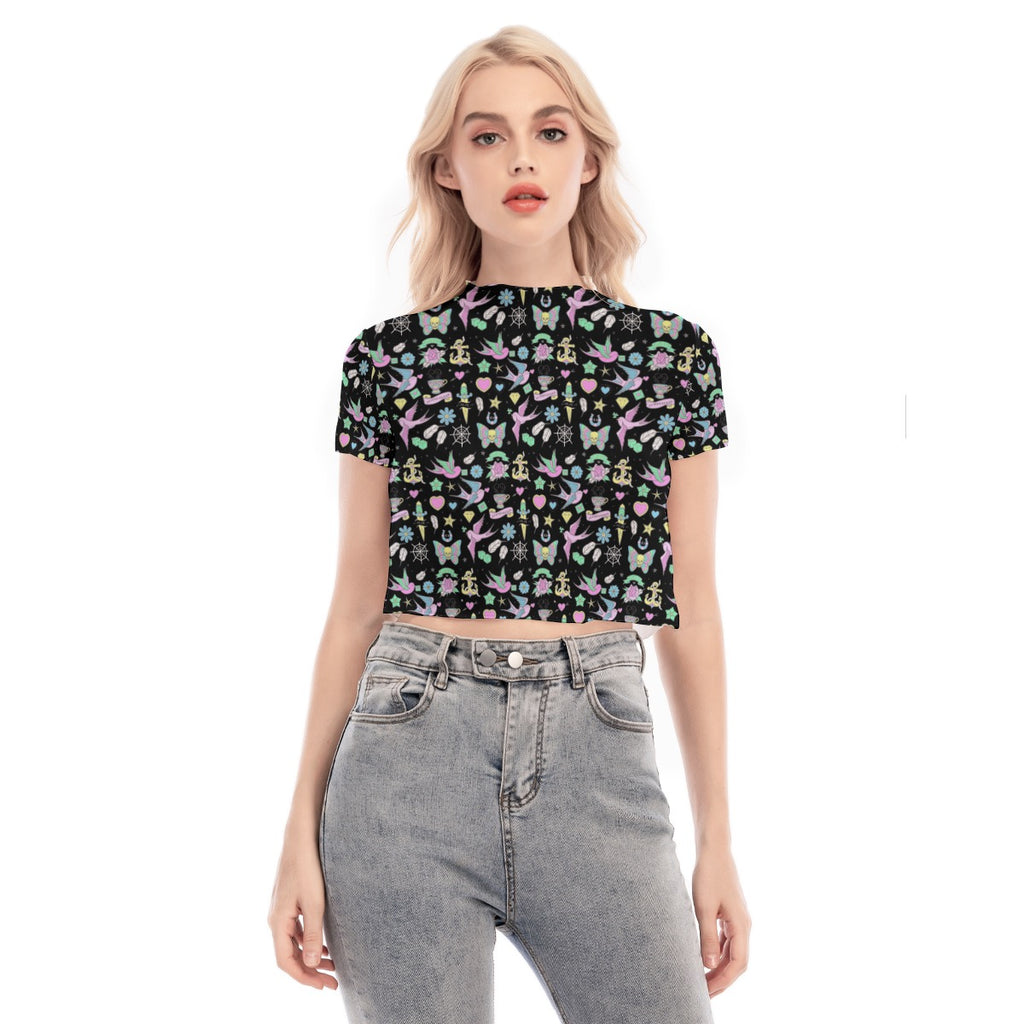 Retro Pastel Tattoo Cropped Mesh Top Short Sleeved