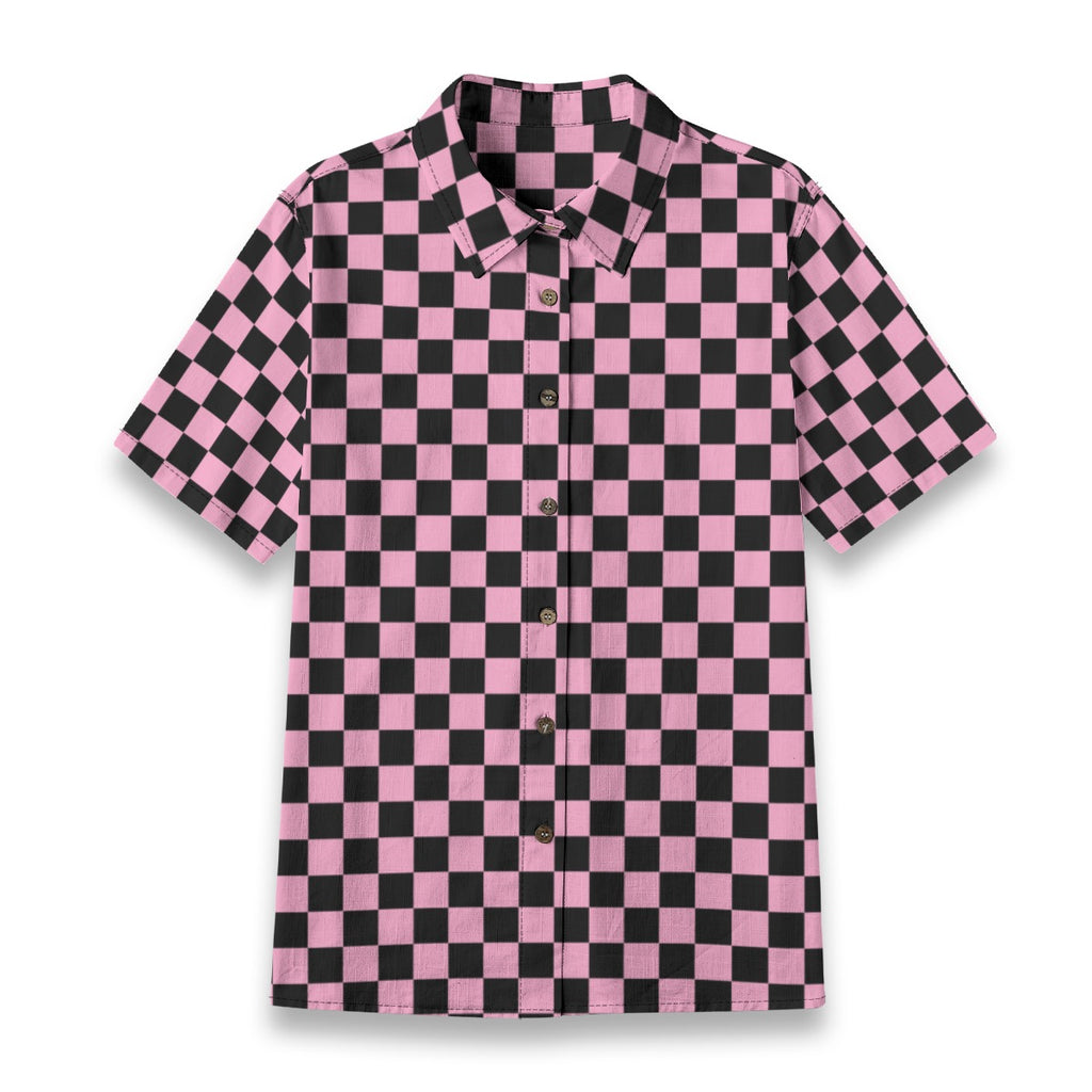 Pink and Black Checkered Cotton Womens Button Down Shirt