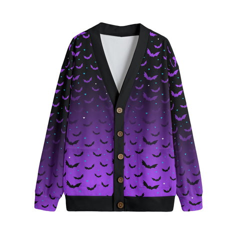 Black bat and purple graded print with teal dots cardigan front shot