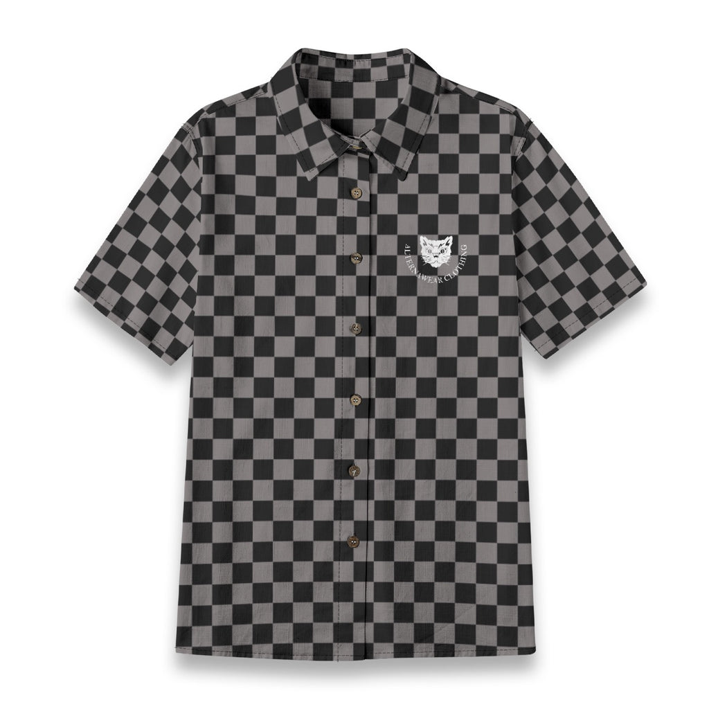Black and Grey Checkered Cotton Women's Button Down Shirt