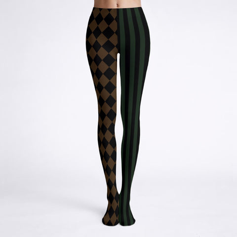 Brown and Green Harlequin Circus Print Tights