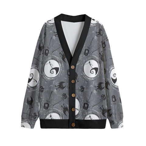 grey 5 button cardigan with 'nightmare before Christmas' print front on angle