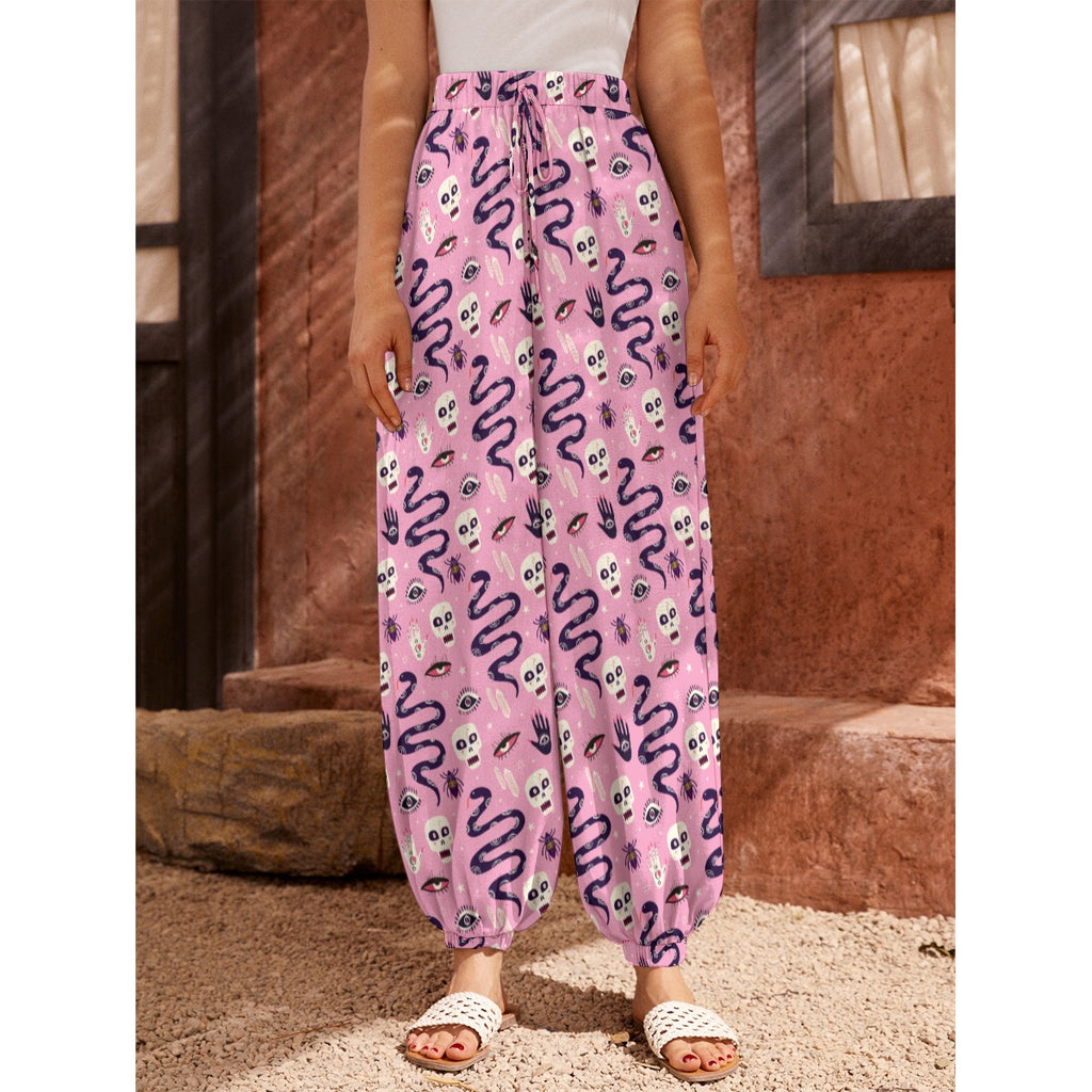 Pink Snake and Skull Spooky Alternative Casual Unisex Harem Pants Trousers