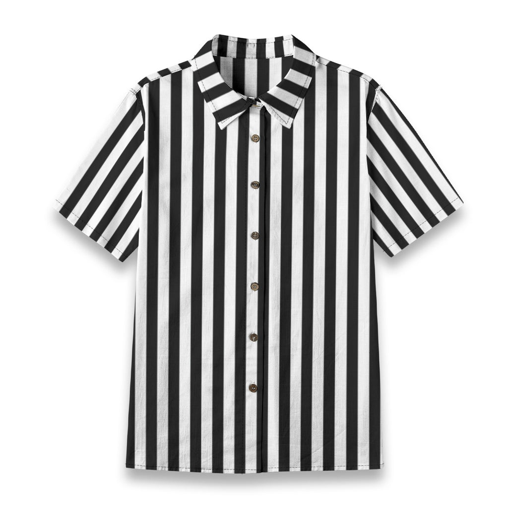 Black White Striped Cotton Women's Button Down Shirt