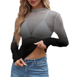 Black White Ombre Mesh Top Long Sleeved