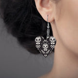 Wooden Heart Shaped Earrings with Skulls