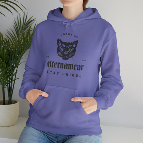 model wearing 'alternawear' hoodie in blue with  'angry cat' logo  'stay unique'