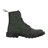 side shot of dr Martin look-a-like boot which is black with  green zebra print