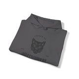 folded grey alternawear hoodie with black print  of 'angry cat' logo  and 'stay unique text