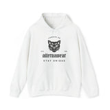 While alternawear hoodie with black print ' angry cat logo' and 'stay unique' text.