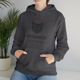 Black hoodie with black print logo 'angry cat' by 'alternawear' 'stay unique text  at the bottom