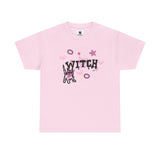 light pink witch t-shirt with witch and a cat on the front 